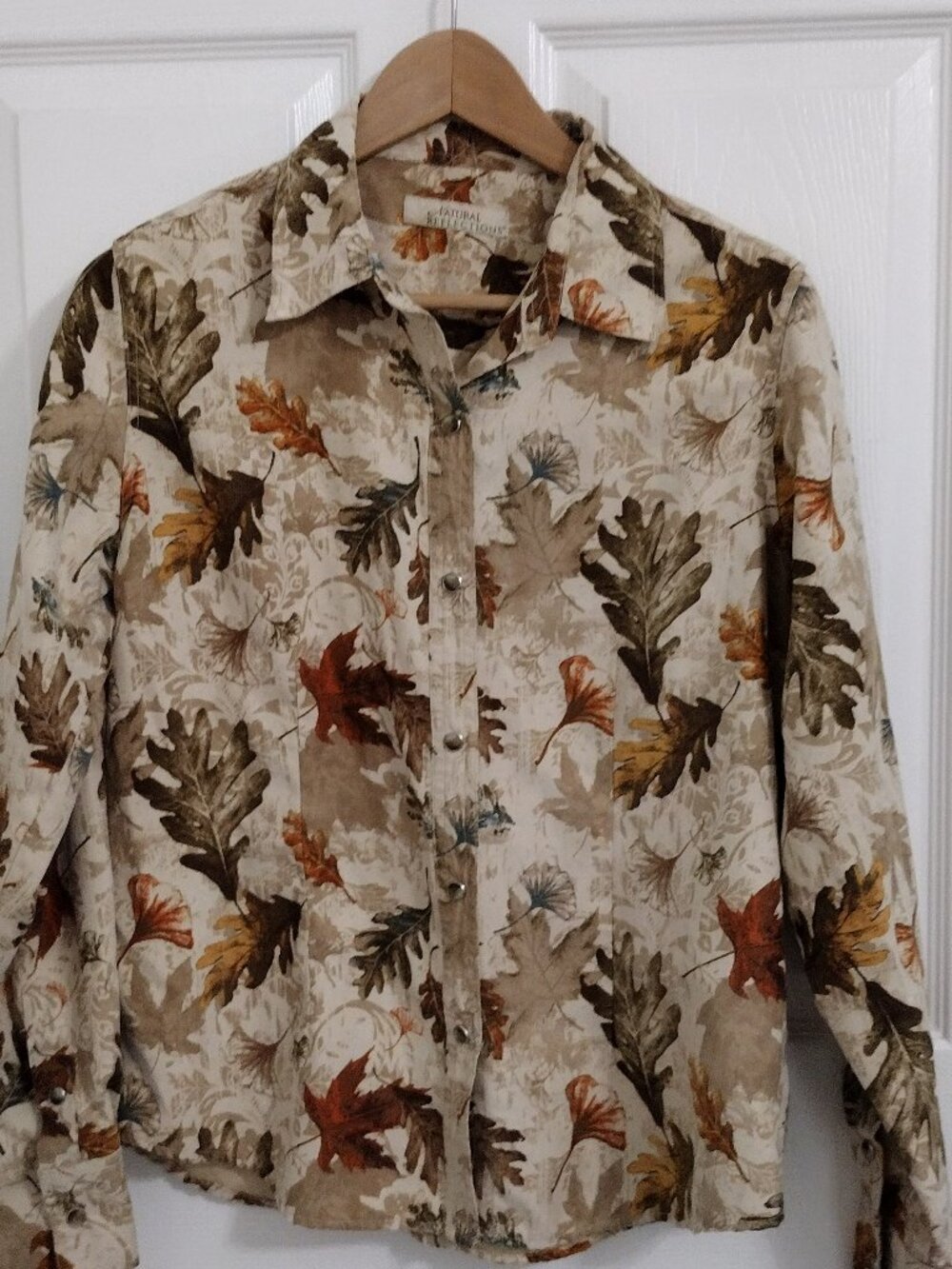 Natural Reflections Fall Leaves Button Front Blouse Women’s Neutral Autumn Top